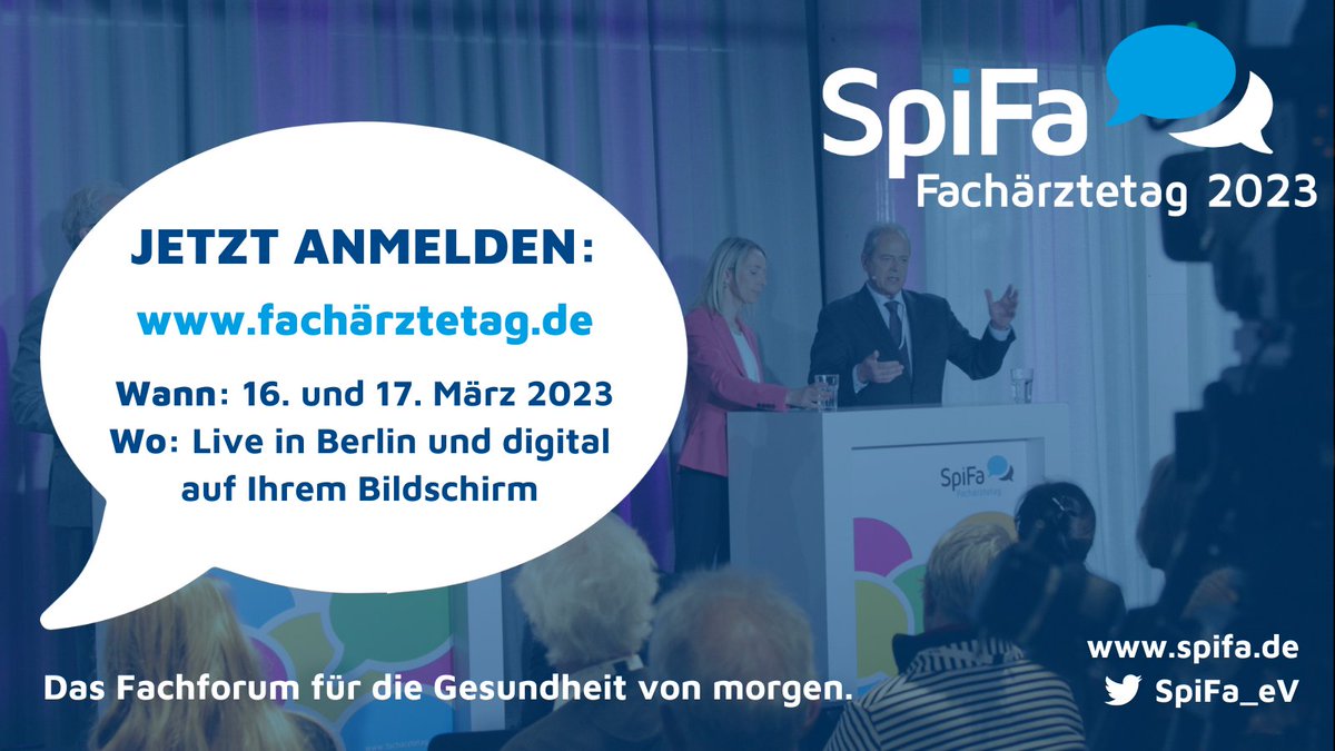 Jetzt #anmelden und einen Platz vor Ort sichern!
Wir laden Sie herzlich zu unserem 9. #SpiFaFachärztetag 2023 am 16. und 17. März vor Ort in Berlin und digital im Livestream ein.
Das Programm und die Anmeldung finden Sie unter: fachärztetag.de. Wir freuen uns auf Sie!