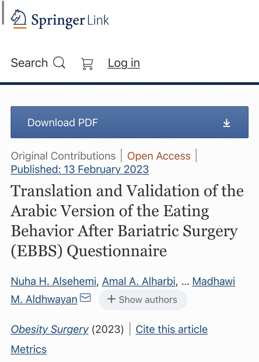 تم بحمد الله نشر ورقتنا البحثية التي تخص ترجمة والتحقق من صحة النسخة العربية من استبيان سلوك الأكل بعد جراحة السمنة (EBBS) في مجلة obesity surgery ، 
كل الشكر لفريق البحث وعلى راسهم  دكتورة <a href="/MadawiALDhwayan/">Madhawi Aldhwayan</a> و <a href="/Nuha_only_/">Nuha</a>