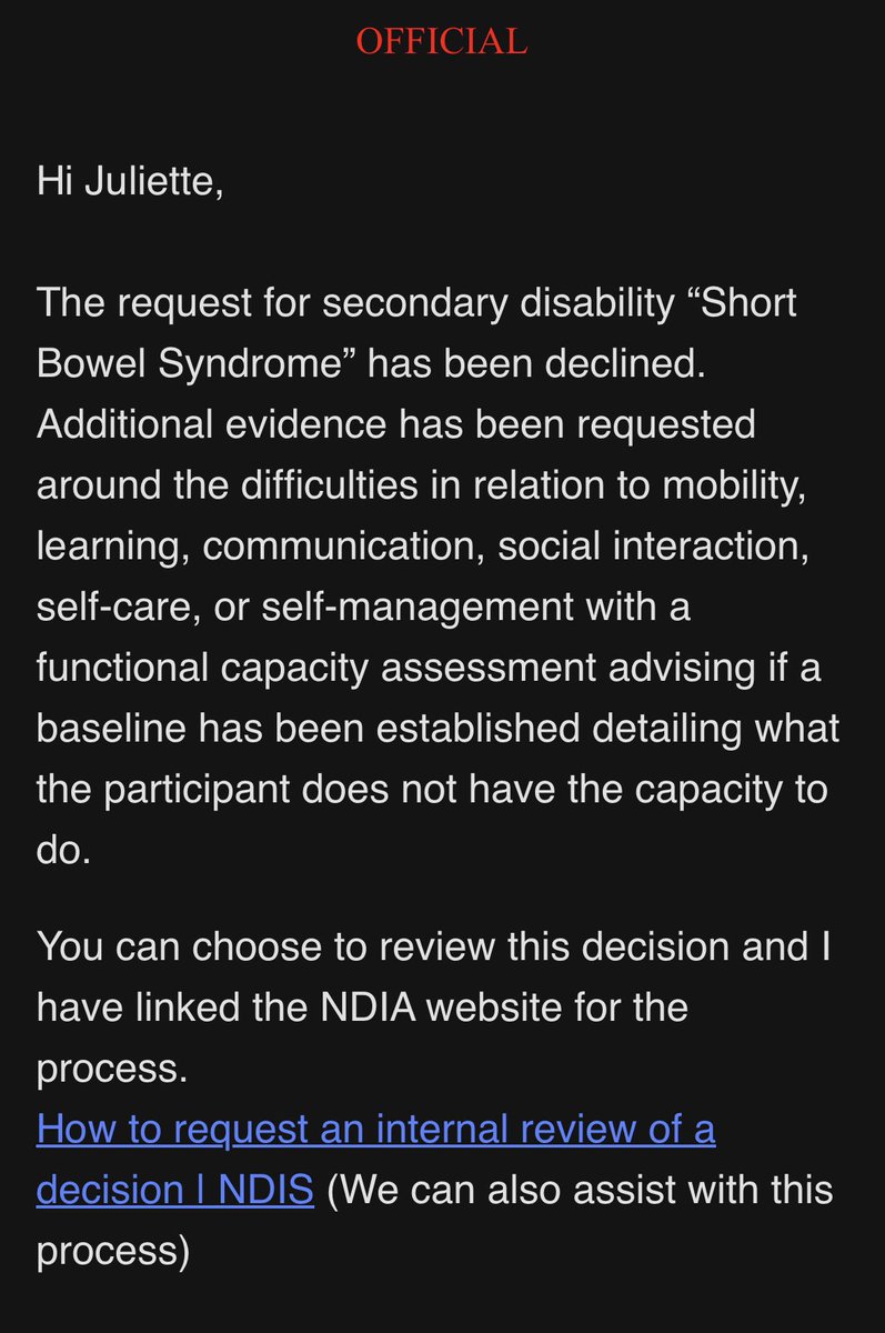 My #ShortBowelSyndrome is permanent. It results in a need for tube feeding, as well as other functional impacts.@NDIS has determined I meet access for my cPTSD, but not SBS. 3 medical professionals have provided evidence that I can’t eat & this is a permanent state of affairs 1/4