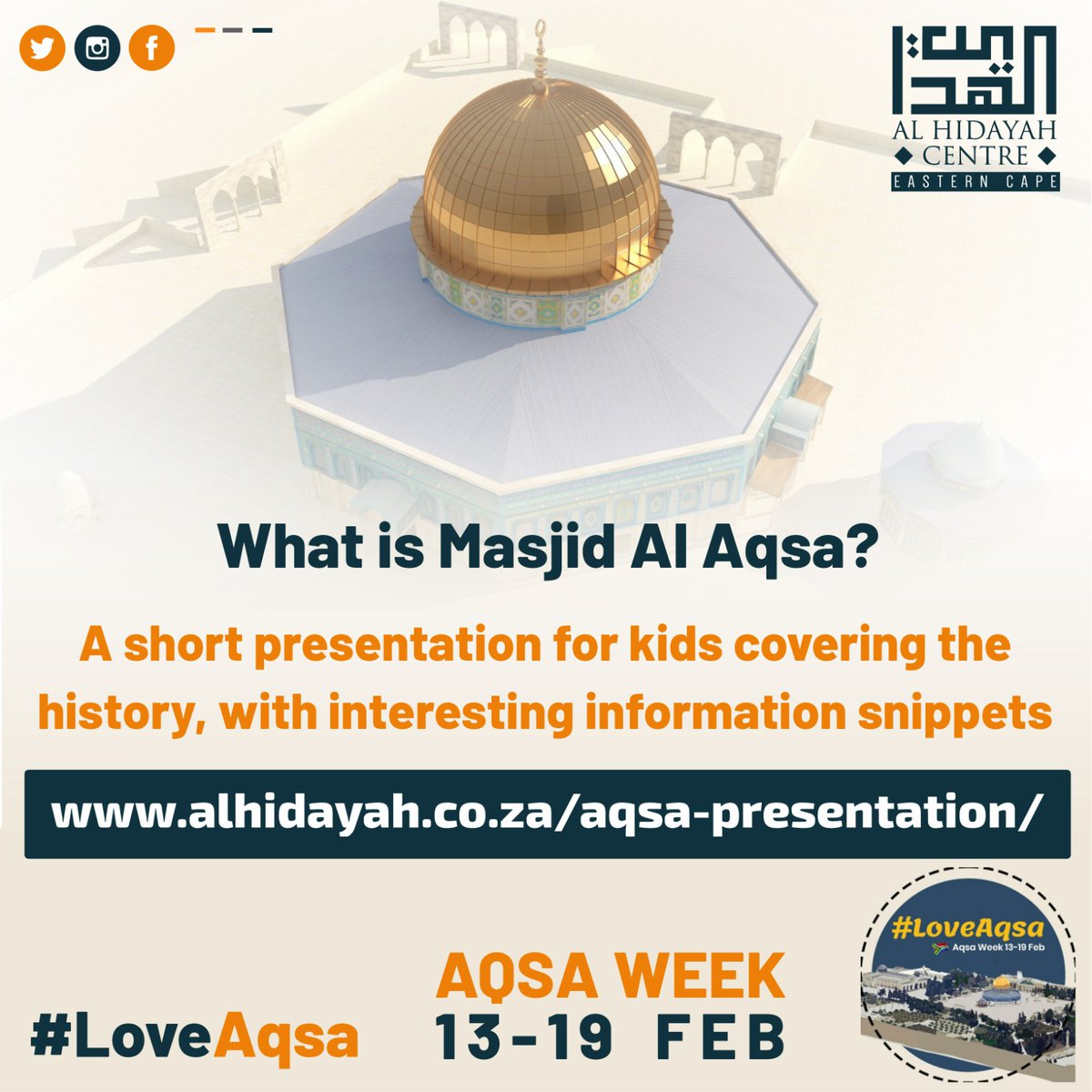#Aqsa | Presentation for kids
What is Masjid Al Aqsa
Brief overview with interesting snippets to kindle curiosity

⏱️5 minutes

View it here:
alhidayah.co.za/aqsa-presentat…

Aqsa Week 13-19 Feb
#LoveAqsa