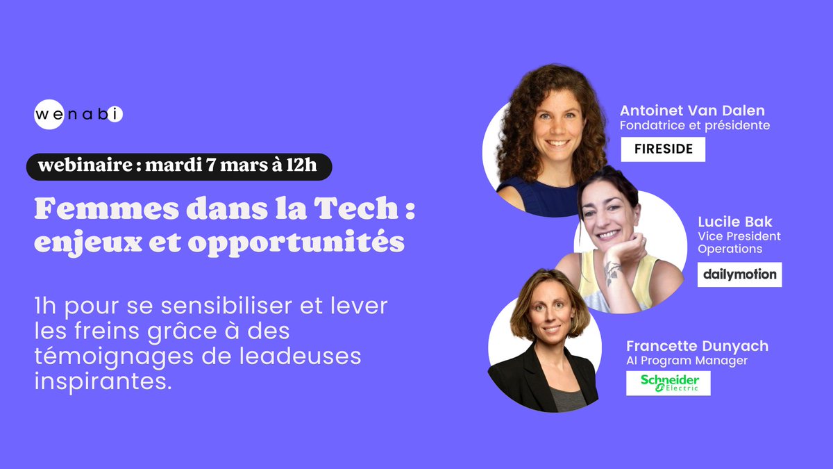 wenabi (@wenabi_com) on Twitter photo Femme ou homme, dans la #tech ou non, on vous donne RDV le 7 mars de 12h à 13h pour un #webinaire qui s'annonce des + inspirants avec <a href="/LucileBak/">Bak Lucile</a> de <a href="/Dailymotion_FR/">Dailymotion France</a>, Francette Dunyach de <a href="/SchneiderElecFR/">Schneider Electric France</a> et Antoinette Van Dalen de l'association #Fireside ! app.livestorm.co/wenabi/she-lea… Femme ou homme, dans la #tech ou non, on vous donne RDV le 7 mars de 12h à 13h pour un #webinaire qui s'annonce des + inspirants avec <a href="/LucileBak/">Bak Lucile</a> de <a href="/Dailymotion_FR/">Dailymotion France</a>, Francette Dunyach de <a href="/SchneiderElecFR/">Schneider Electric France</a> et Antoinette Van Dalen de l'association #Fireside ! app.livestorm.co/wenabi/she-lea…