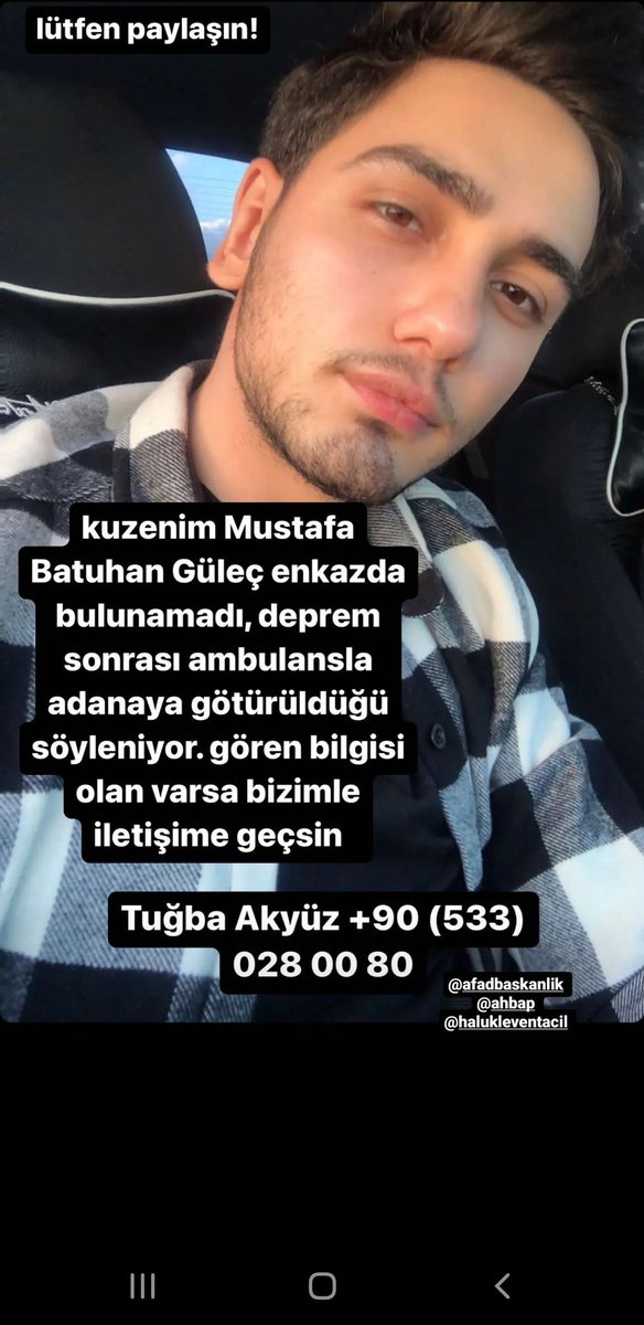 Deprem gecesi bulunduğunu düşündüğümüz apartmanın enkazında bulunamadı. Depremden hemen sonra yaralı olarak Adana'daki bir hastaneye götürüldüğü söyleniyor lütfen paylaşabilir misiniz ? <a href="/haluklevent/">Haluk Levent ( Ahbap Ekibi )</a> <a href="/ahbap/">Ahbap</a> <a href="/OguzhanUgur/">Oğuzhan Uğur</a> <a href="/AFADTurkiye/">AFAD</a>