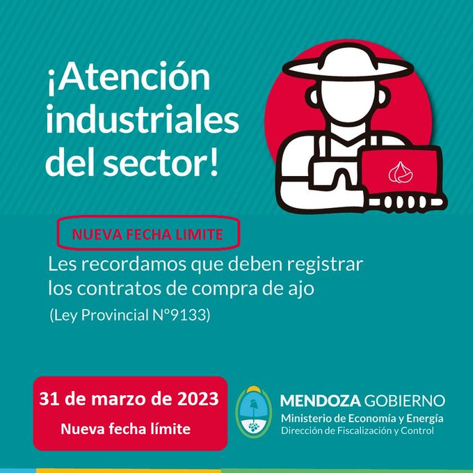 ProduccionMza's tweet photo. #Gestión #Mendoza 
¡Atención productores! Recuerden que están a tiempo de registrar los contratos de compra venta de ajo ¡No se queden afuera! https://t.co/jhyvc6sgNv