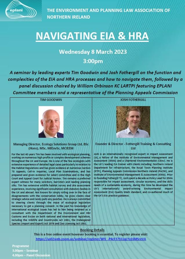 Our 2023 programme officially begins with our 'Navigating EIA &amp; HRA' seminar at 3:00pm on 8 March 2023 featuring leading experts Tim Goodwin and Josh Fothergill, followed by a panel discussion led by our chair William Orbinson KC LARTPI.  Register here: us02web.zoom.us/webinar/regist…