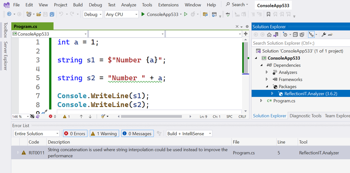 fonssonnemans's tweet photo. I created this code analyzer which detects string concatenations using C# 11+ and .NET6+. You can use string interpolations for improving the performance. The code fix is already available in @VisualStudio. Select the + and hit Ctrl+. 

#dotnet #csharp 

https://t.co/LOCehRZdbY https://t.co/hNED899lE8
