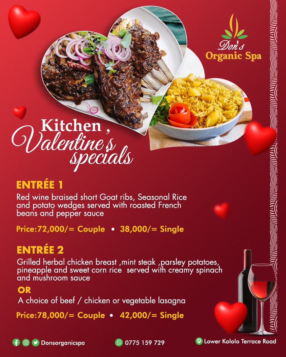 DonsOrganicSpa's tweet photo. Smile, its a good day to be at @donsorgspa for a fantastic Lovers Day,enjoying great meals ans drinks alongside a special #valentineday treat.
๐Lower Kololo Terrace Road.
#Donsorganicspa #Spalove #Spadate #Visitus #MeetMeAtTheSpa #love #selfcare #ValentinesDay https://t.co/ab09TrPgT1