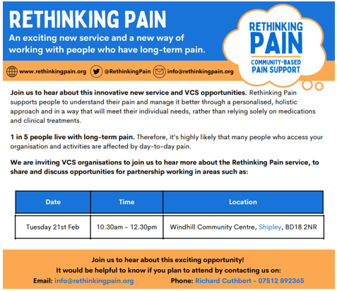@RethinkingPain
Inviting VCS organisations to hear about the new, innovative service supporting people to understand & manage their #pain through bespoke, #holistic approaches.@ActAsOneBDC  @WindhillCCentre 
Next session:
📅21st Feb 10:30-12:30pm
🏢 Windhill Community Centre