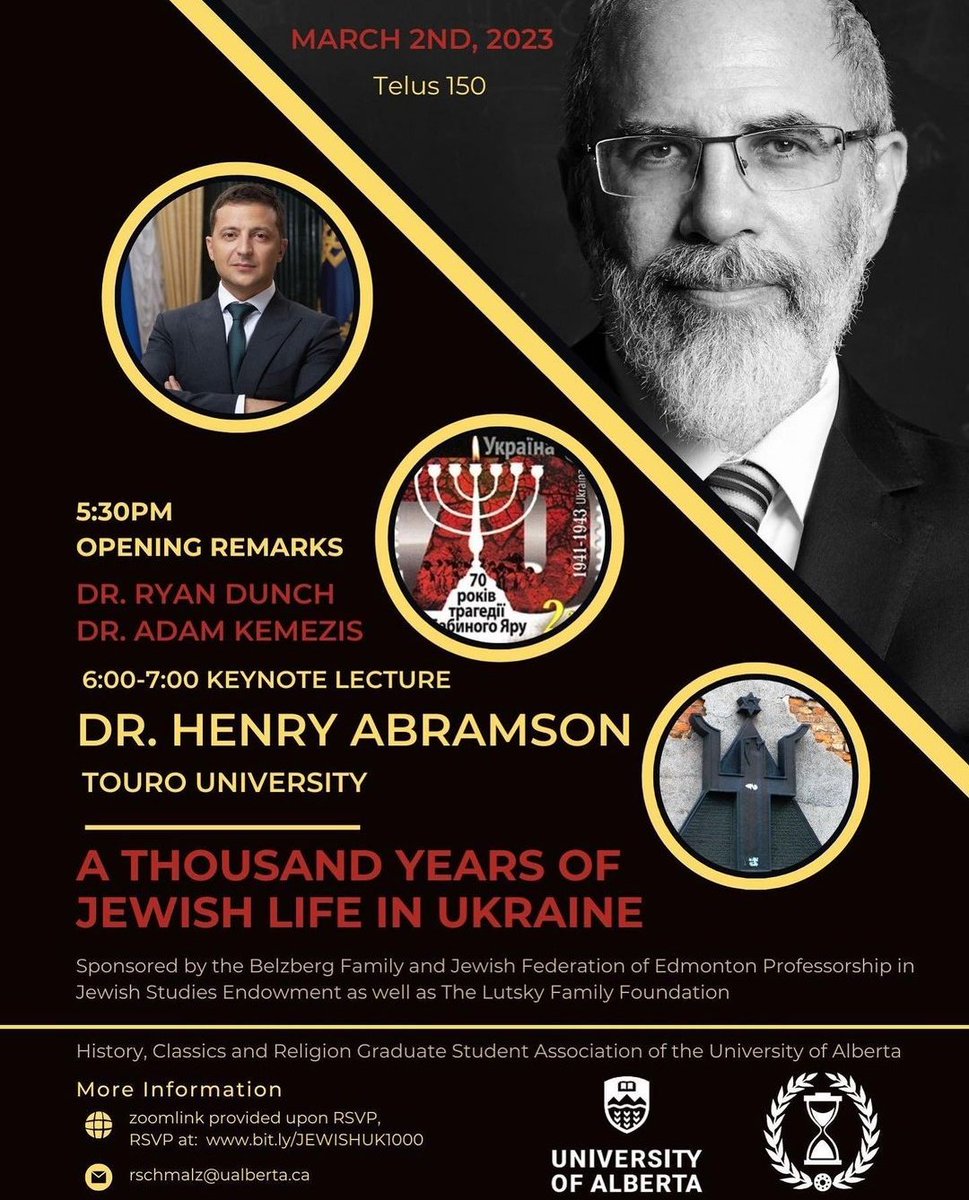We will kick off our 2023 interdisciplinary graduate conference with a keynote by @hmabramson on 'A Thousand Years of Jewish Life in Ukraine'. The event is open to the public & everyone is welcome 📌 Telus 150 @UAlberta 🗓️ March 2 ⏰ 5:30 pm 🔗 RSVP here docs.google.com/forms/d/e/1FAI…