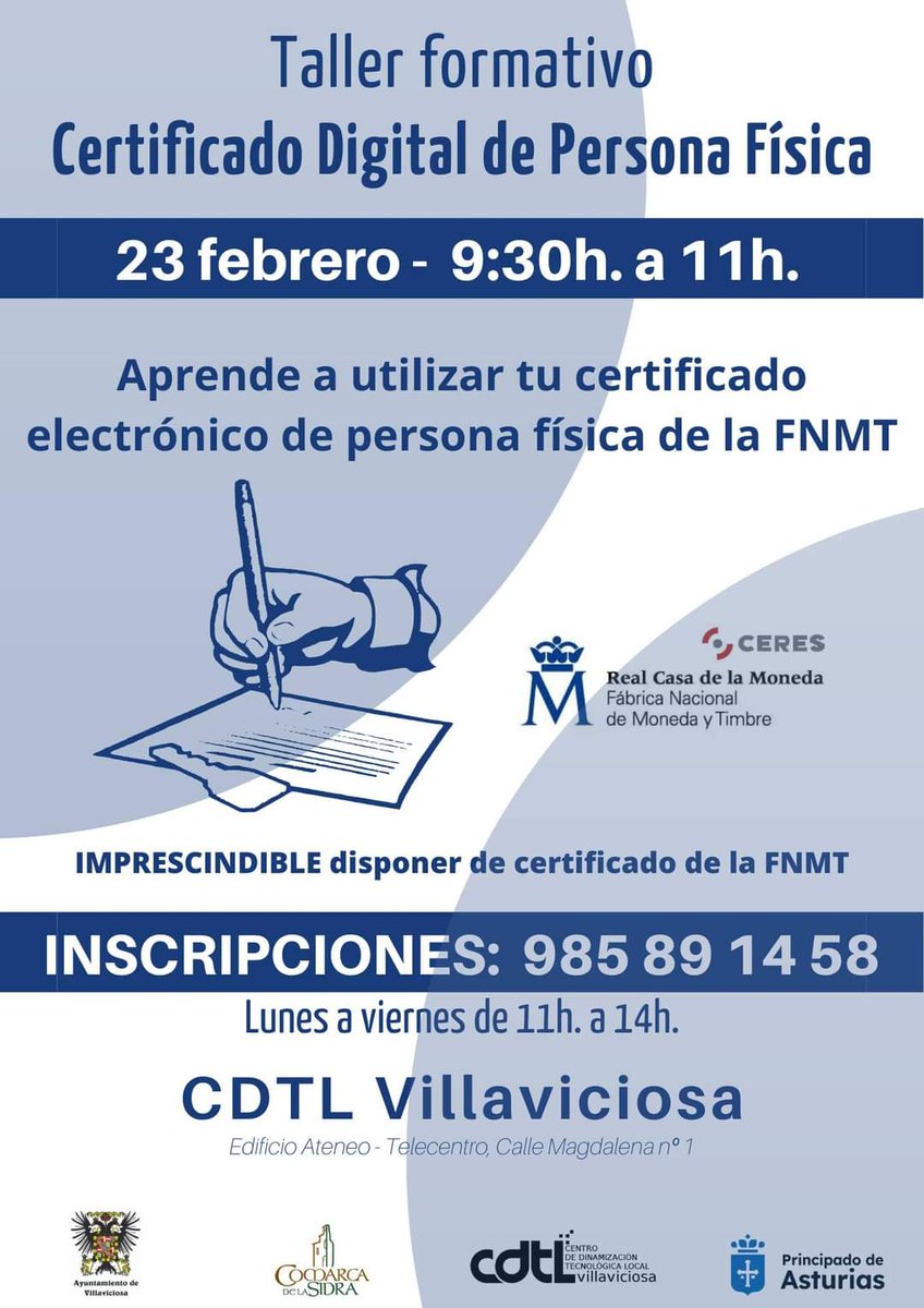 cdtlvilla's tweet photo. 🤔¿No sabes cómo utilizar el Certificado Digital de Persona Física?
🔏🔐Taller Certificado Digital de Persona Física.
⚠️Imprescindible disponer de certificado, si aún no lo tienes solicita CITA PREVIA ☎️ 985 89 14 58.
#CDTL #Telecentro #Villaviciosa #Asturias https://t.co/ToFyaUH0mL