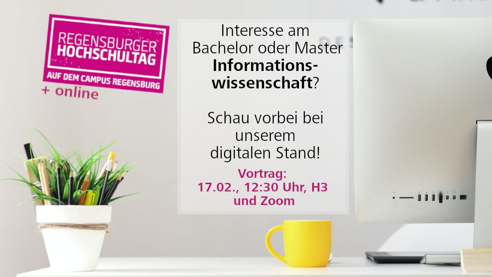 Der Regensburger Hochschultag am 17.02. rückt näher und natürlich ist die #Informationswissenschaft auch dabei! Schaut gern vor Ort oder online an unserem Stand vorbei, wenn Ihr euch über das Bachelor- oder Masterstudium informieren wollt.🎓ℹ️ regensburger-hochschultag.de/ur-information…
