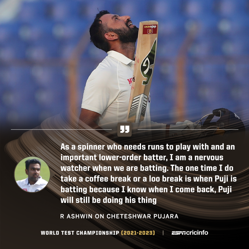 cricinfo's tweet photo. 🗣 "His stubbornness is such that he has broken down the best of the attacks with his defence"

@ashwinravi99 speaks about @cheteshwar1 ahead of the batter's 100th Test 💯 #INDvAUS