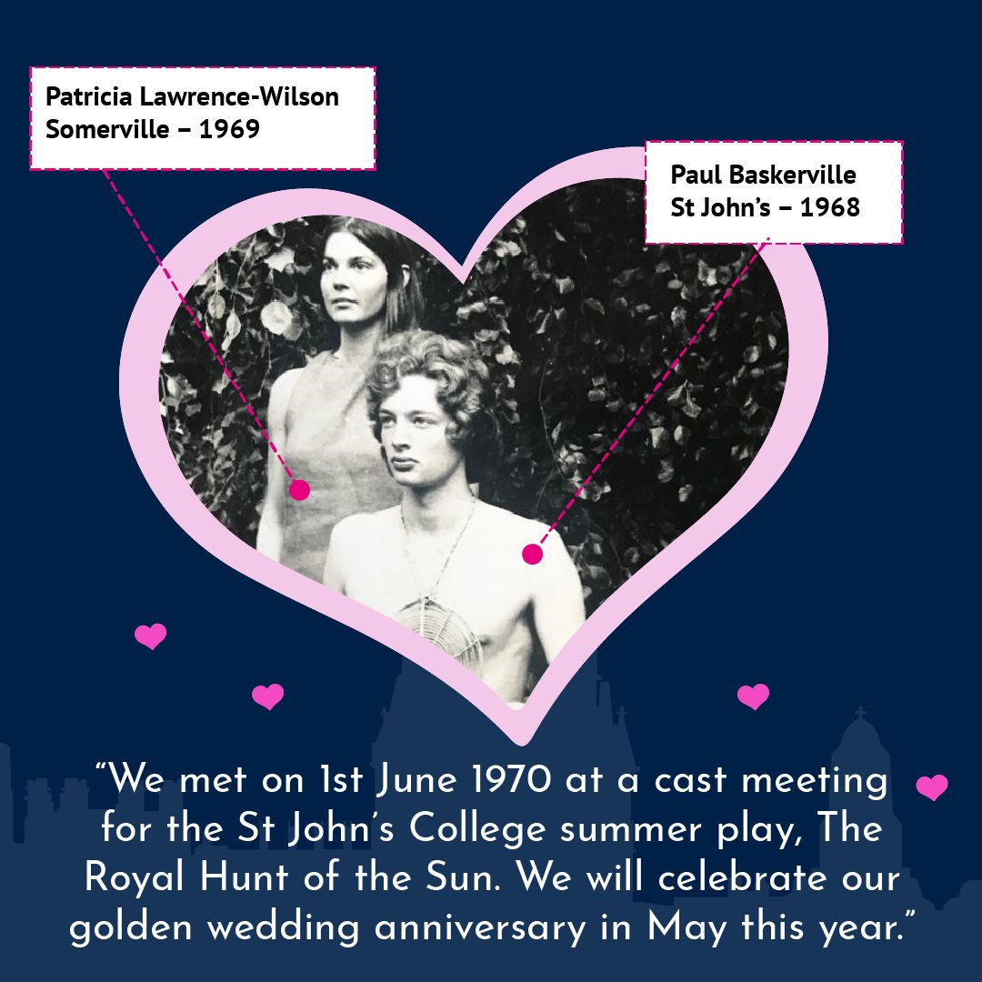 A black and white photograph of a young couple in a heart

Patricia Lawrence-Wilson - Somerville 1969 
Paul Baskerville - St John's 1968 

'We met on 1st June 1970 at a cast meeting for the St John's College summer play: The Royal Hunt of the Sun. We will celebrate our golden wedding anniversary in May this year.' 