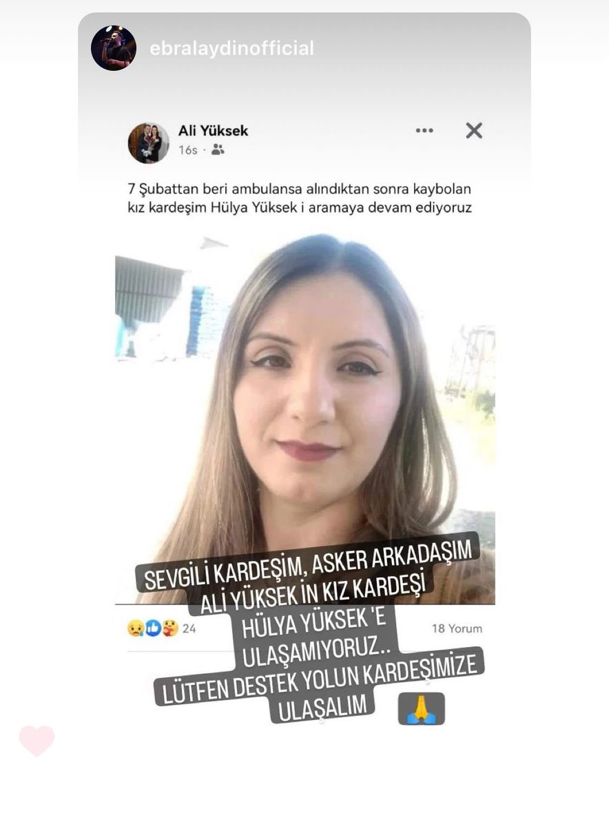 Hatay’da ambulansa alındıktan sonra haber alınamayan Hülya Yüksek’e ulaşmaya çalışıyoruz.

Kurtarıldığı Adres >>> Güzelburç Mahallesi Eski İskenderun Yolu Caddesi No:60

Bilgisi olanlar lütfen #ACİL #DEPREM 
İletişim Numarası 05379518165