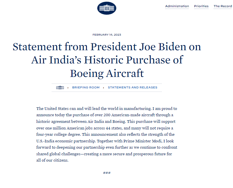 Air India to Purchase 220 Boeing aircraft, US President Joe Biden hails it