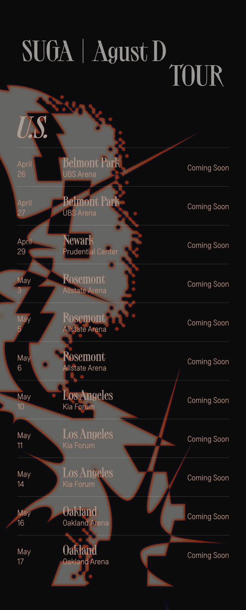 BIGHIT_INFO's tweet photo. SUGA | Agust D Tour 

📍
· U.S. (26 April to 17 May)
· ASIA (26 May to 18 June)
· Korea (24, 25 June)
· Japan (To be announced)

#SUGA #AgustD #슈가 #SUGA_AgustD_TOUR https://t.co/QszSDZ9At5