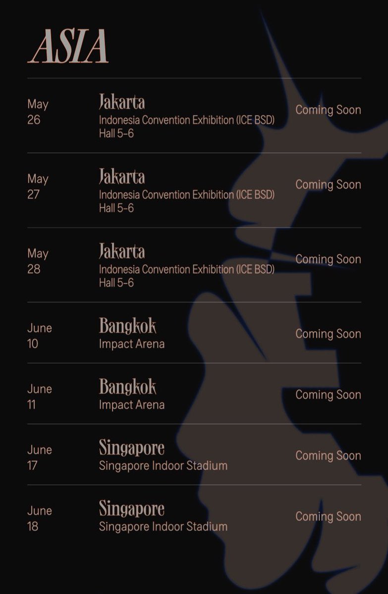 BIGHIT_INFO's tweet photo. SUGA | Agust D Tour 

📍
· U.S. (26 April to 17 May)
· ASIA (26 May to 18 June)
· Korea (24, 25 June)
· Japan (To be announced)

#SUGA #AgustD #슈가 #SUGA_AgustD_TOUR https://t.co/QszSDZ9At5