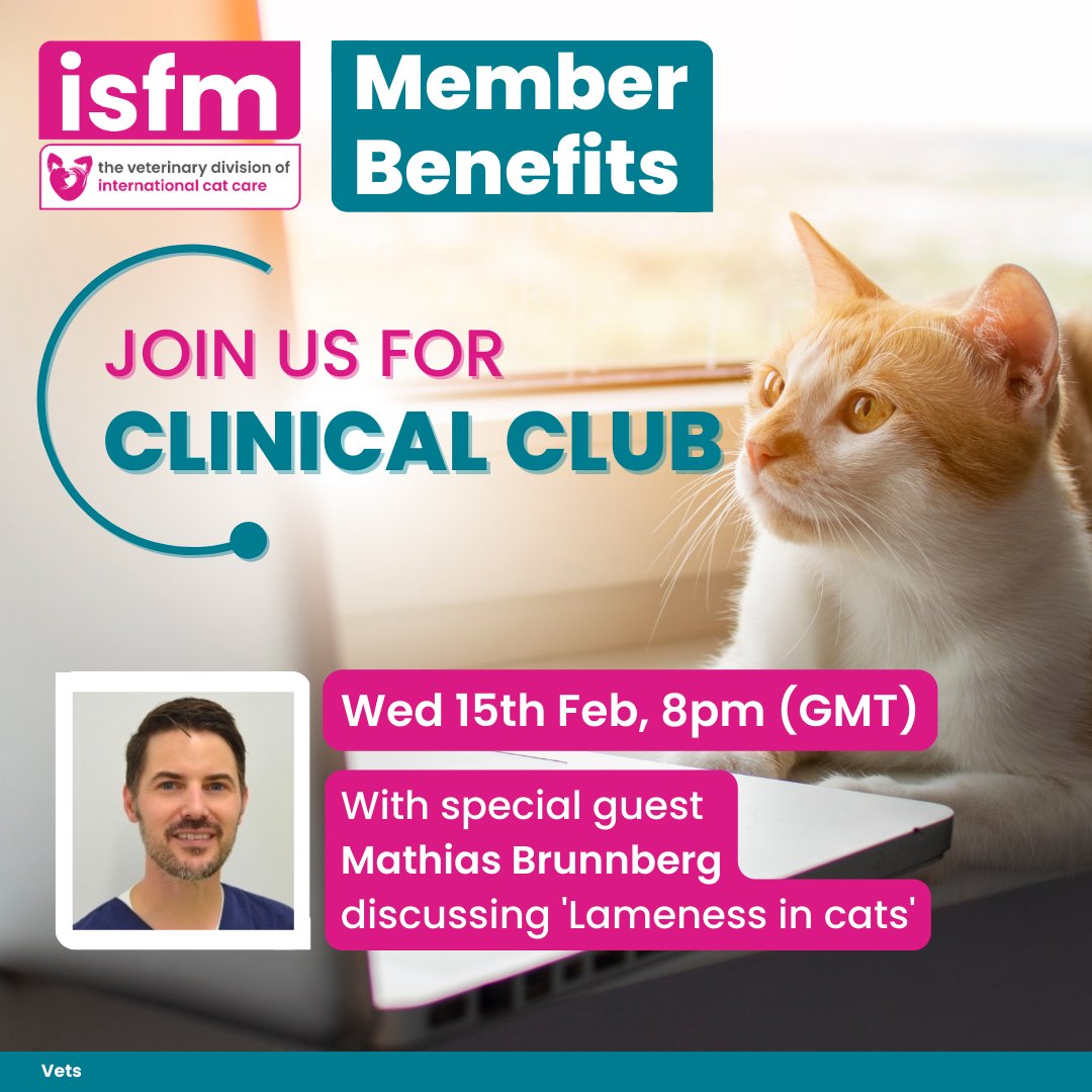 ISFMcats's tweet photo. 💻 Our cancelled #ClinicalClub has been rescheduled for tomorrow night! 🗓 Wed 15 Feb, 8pm GMT
It follows our January member webinar where Mathias Brunnberg discussed lameness in cats. Bring your questions! 📝
Members, join from the link in your email or from the portal. https://t.co/d2nJHGgyuB