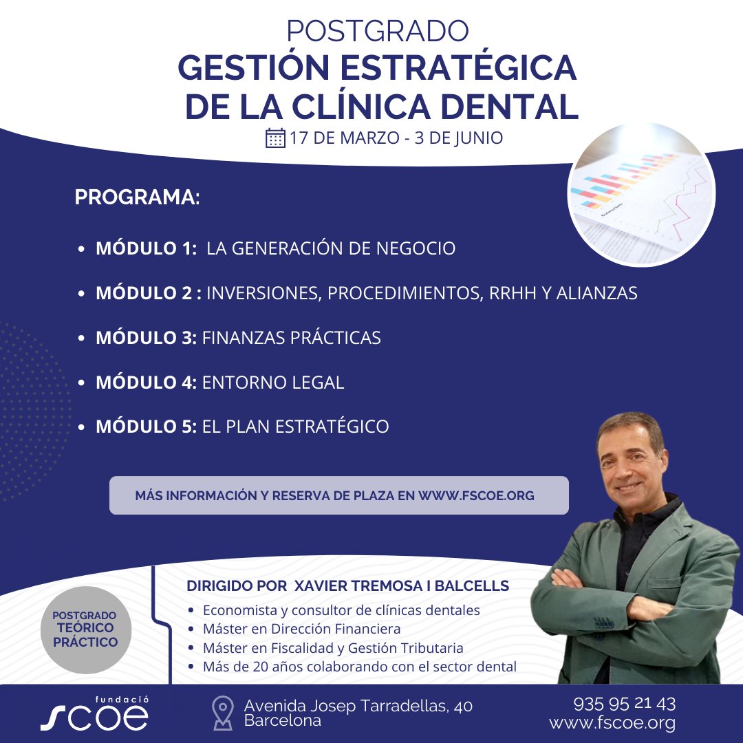 El 17 de marzo comenzamos el Postgrado en Gestión Estratégica de la Clínica Dental, formación dirigida por Xavier Tremosa i Balcells 📈📊

¿Quieres ampliar la información o reservar plaza? Consulta el programa completo aquí: bit.ly/3vQCOdh