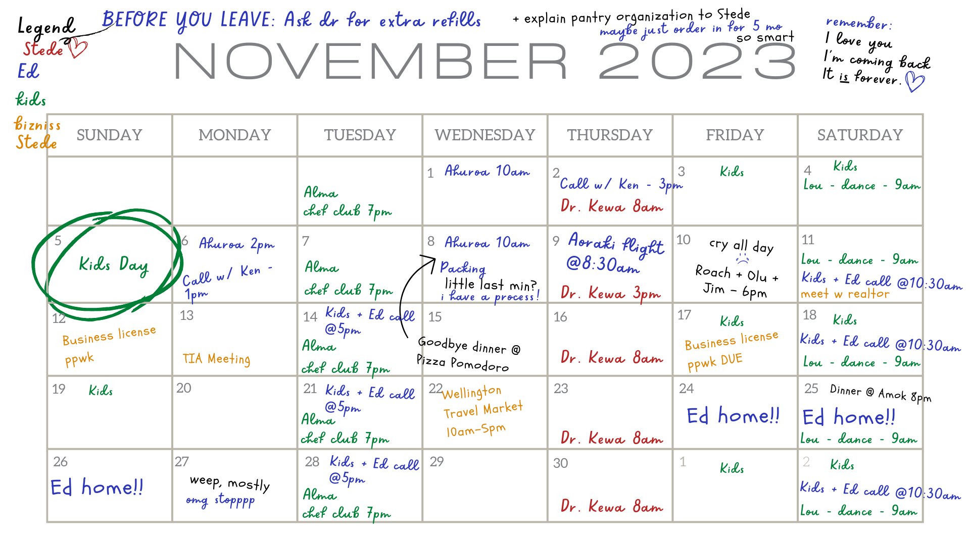 November calendar for Stede and Ed. Ed is prepping for his trip, leaving on the 9th. Stede is holding meetings for the business and completing licensing paperwork. Ed has scheduled calls with the kids while he's away,a nd is spending the entire 5th with them. Stede is meeting up with friends to get over his sadness about Ed being away. Ed has written a reminder to refill his prescription. Stede asks to be shown how the pantry works. Ed suggests he just order in for 5 months. in the corner, Ed has written "Remember: I love you. I'm coming back. It IS forever." 
