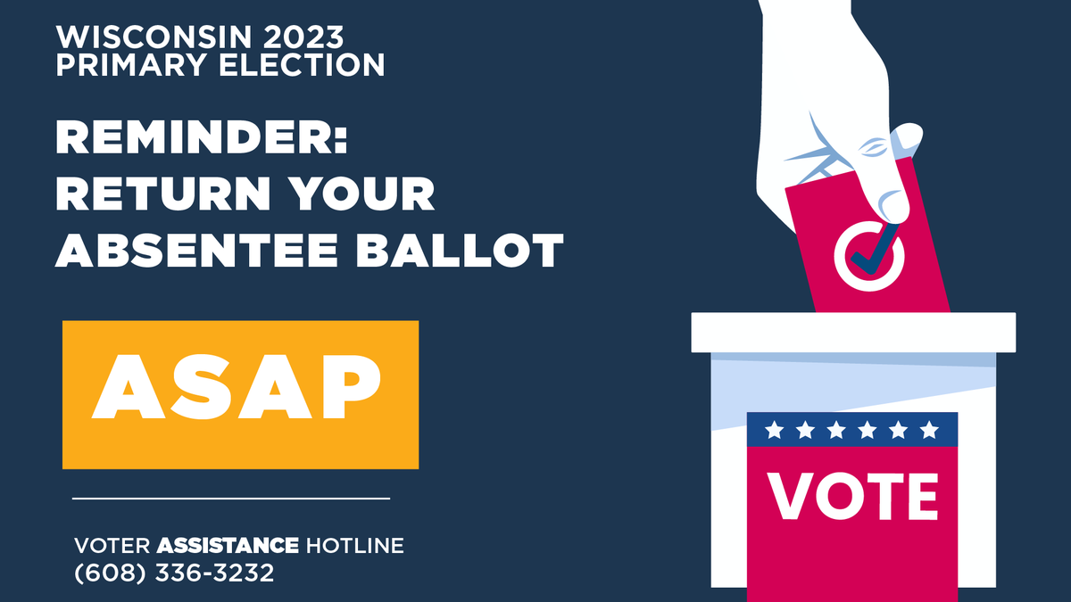 WisDems's tweet photo. ATTENTION: put your absentee ballot in the mail TODAY! Ballots must be received by 8pm on Election Day (2/21).

If returning your absentee ballot IN PERSON, bring it to your clerk’s office, any Early Voting site in your city, or your official polling place by 8pm on Election Day. https://t.co/AqEanFYTRl