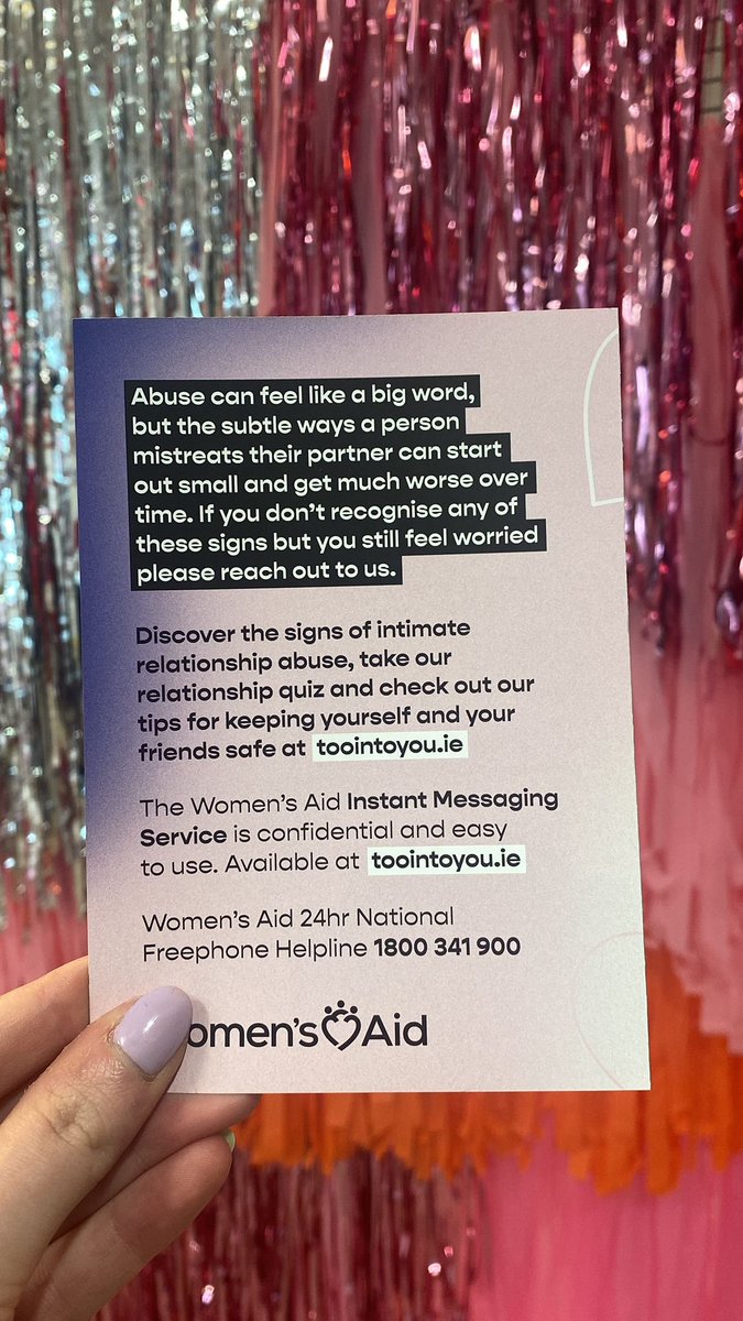 Today <a href="/Womens_Aid/">Women's Aid Ireland</a> and <a href="/TooIntoYou/">Too Into You</a> are hosting a pop up shop educating young people on the red flags of abuse in relationships. 

The pop up is open until 6pm today on 2 Henry Street. 

#TooIntoYou
