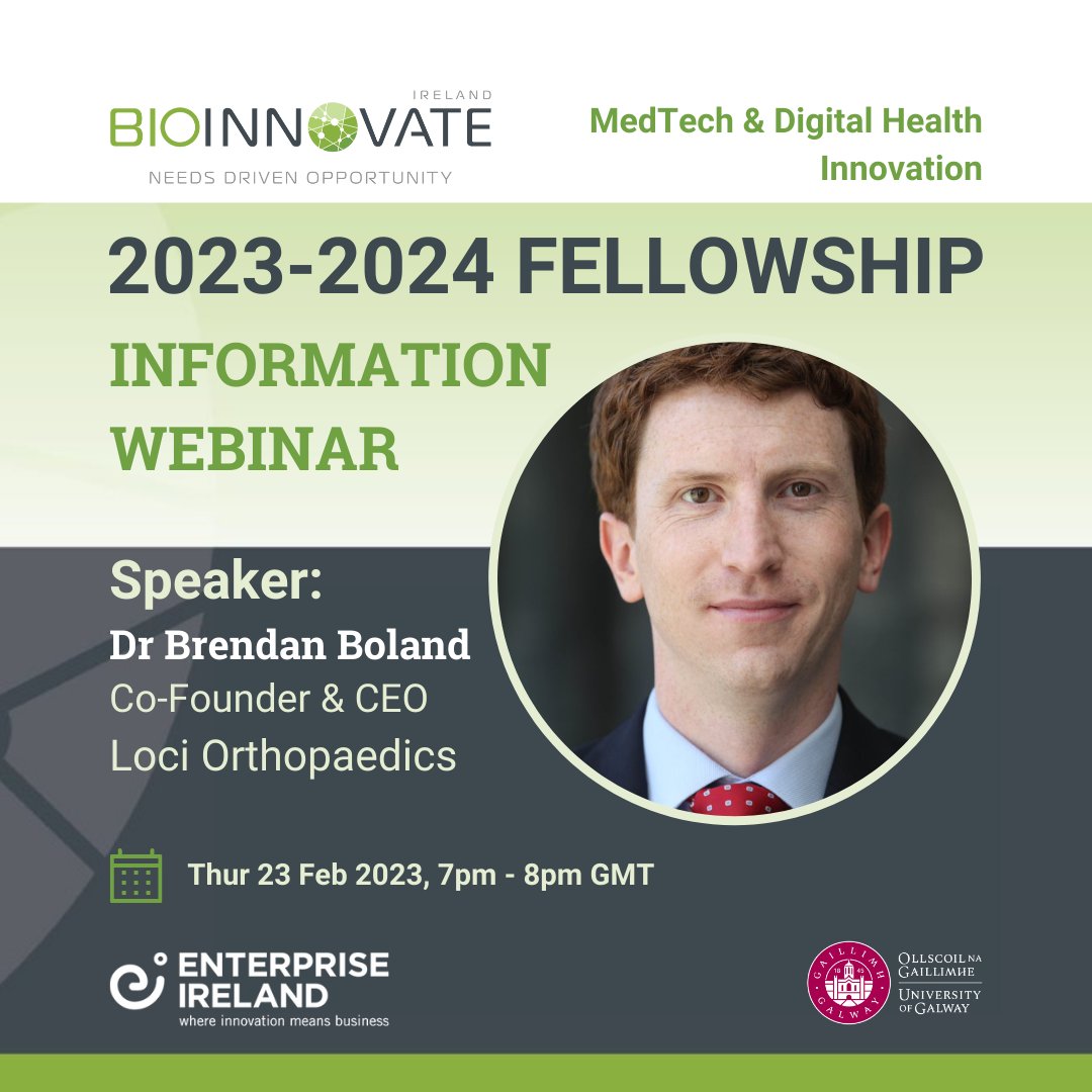 BioInnovate Ireland (@bioinnovate_ire) on Twitter photo Dr Brendan Boland, Co-Founder and CEO of <a href="/lociortho/">lociorthopaedics</a>, and BioInnovate alumnus 2013/14 will speak at our Fellowship Information Webinar, Thur 23 Feb.
Don't miss your chance to ask him questions and hear about his experience and career. Register now: eventbrite.ie/e/545959538677 Dr Brendan Boland, Co-Founder and CEO of <a href="/lociortho/">lociorthopaedics</a>, and BioInnovate alumnus 2013/14 will speak at our Fellowship Information Webinar, Thur 23 Feb.
Don't miss your chance to ask him questions and hear about his experience and career. Register now: eventbrite.ie/e/545959538677