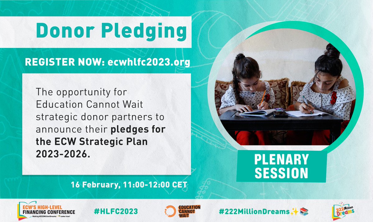 #Education's the most important investment we can make in a brighter, more peaceful+prosperous future for all!☀️
Tune in Opening Day of #ECW's #HLFC2023 to see how donors are stepping up to be #BestInClass! #222MillionDreams✨📚

🗓️16 Feb, 11am-12pm CET
💻 ecwhlfc2023.org