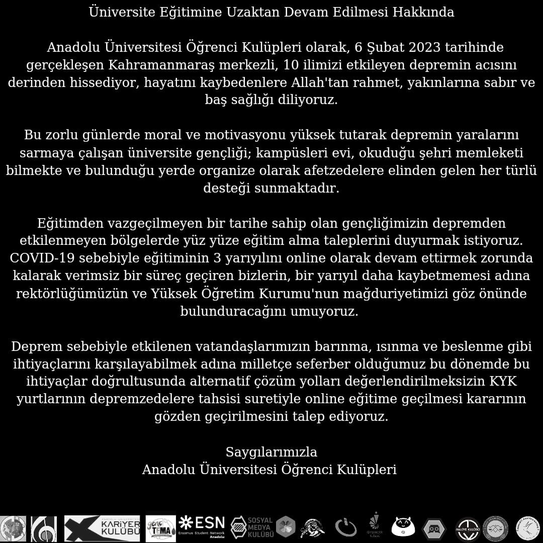 aukariyerkulubu's tweet photo. Anadolu Üniversitesi öğrenci kulüpleri olarak ortak bildirimizdir. https://t.co/0YFKtNVzFb