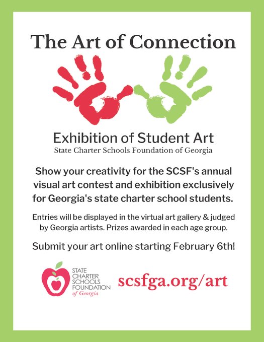 SCSFofGA's tweet photo. Don't forget!! We are now accepting entries for the 3rd annual Art of Connection - Exhibition of Student Art! Show us your creativity, state charter school students! https://t.co/hUlp4EdL6L
#GaStateCharters #ArtinSchools https://t.co/WjOS125XxP