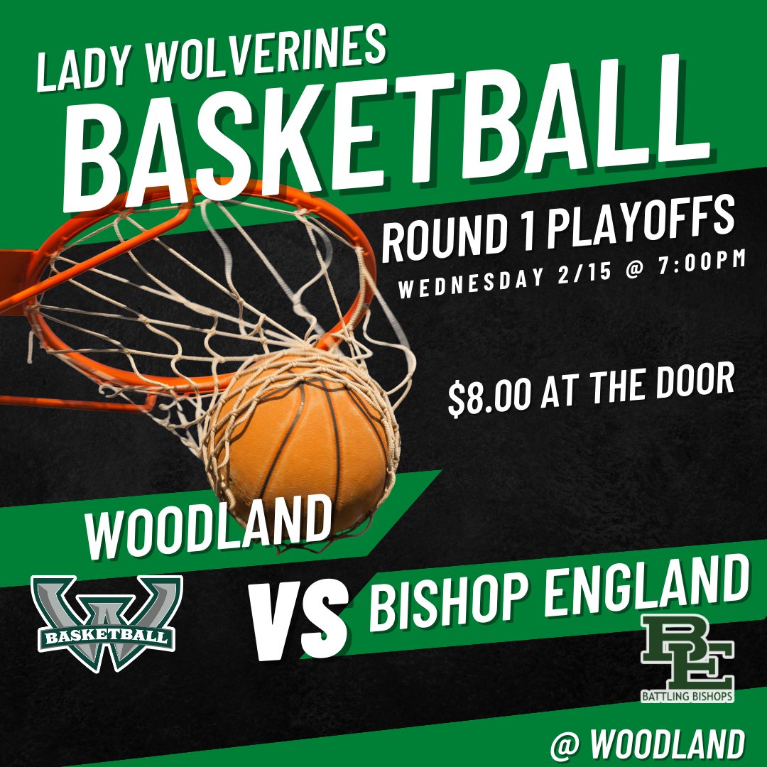 The Lady Wolverines will take on The Lady Bishops tomorrow night at 7pm in the 1st round of the playoffs. Tickets are $8 at the door. The DD4 Clear Bag Policy will be enforced. #ladywolverines #playoffs #woodlandbasketball #always100 <a href="/CoachSibert/">Tydles Sibert</a> <a href="/Woodlandgirlsbb/">Woodland Girls Basketball</a>