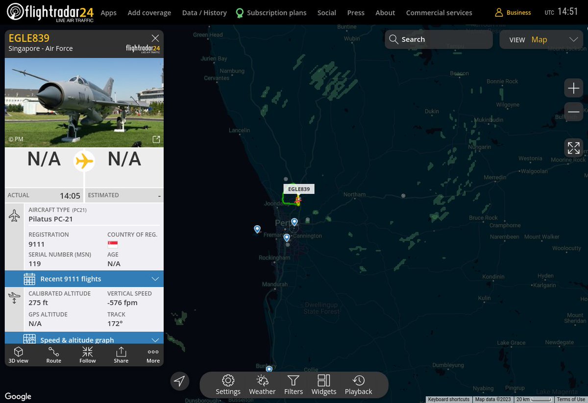 MULTI FR24 CIRCLING ALERT : At time Tue Feb 14 14:45:14 2023 #EGLE839 was likely to be circling at FL13 2nm from PEA Pearce_TACAN_AU
 near Warbrook Road, Bullsbrook, City Of Swan, Western A #AvGeek #ADSB flightradar24.com/EGLE839/2f320c…
