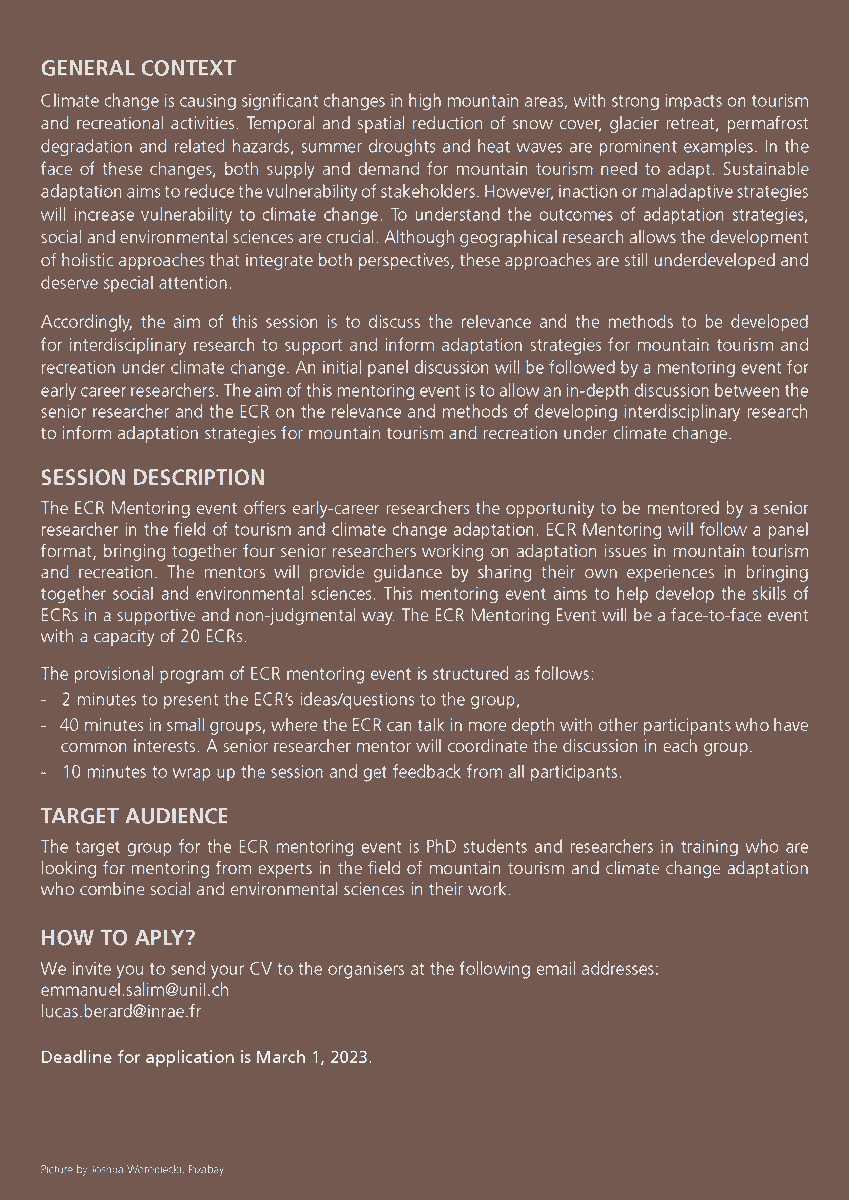 EmmanuelSALIM9's tweet photo. Are you an early-career #researcher working on #tourism/#recreation and #climatechange on 🏔️?

Join us at @RGS_IBG conference for our mentoring session, sponsored by @GLTRG_RGS with @LucasBerard_ .
👇
https://t.co/zCCeEhDDe3

@Alberto_P_Amore @TourismIssues @FGSE_UNIL @LabexITTEM https://t.co/EuUtUaixRH