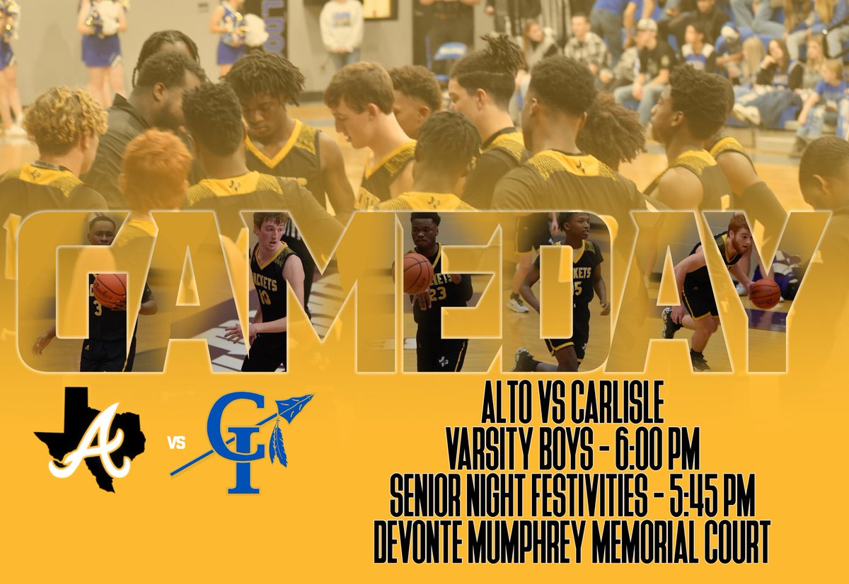 🏀GAMEDAY🏀
Senior Night
🆚 Carlisle
📍Devonte Mumphrey Memorial Court | Alto High School
⌚️ Senior Night - 5:45 pm | VB - 6:00 pm 

#DTS #LLV