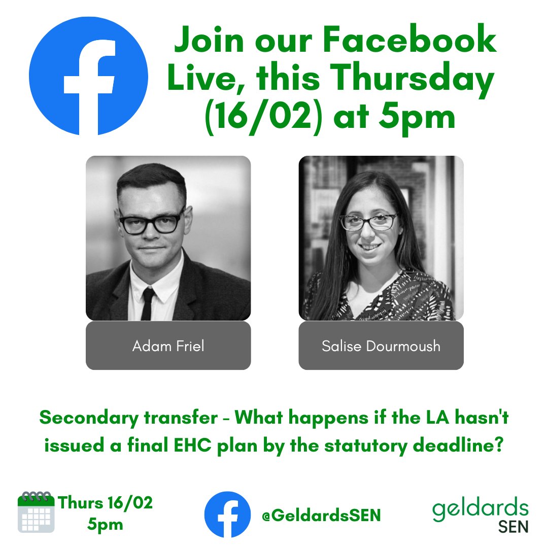 GeldardsSEN's tweet photo. π
Tomorrow (15/02) is the secondary transfer deadline.
β Do you have your final EHC plan yet?
Join us on Facebook Live this Thursday at 5pm as we discuss what happens if the local authority misses the deadline.
#GeldardsSEN #SEN #secondarytransfer #EHCplan #education https://t.co/kRSa6gEqPK