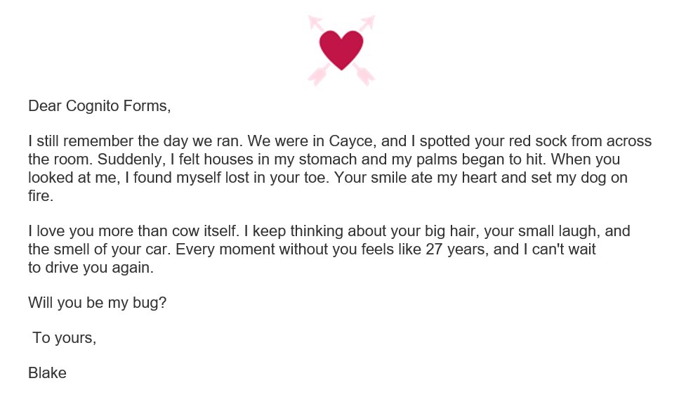 CognitoForms's tweet image. We had our team fill out the 💞 Valentine&apos;s Fill-in-The-Blank 💞 template, and the results have us in LOL&apos;ing. 😂 Results below 👇

If you&apos;d like to have your own Valentine&apos;s fun, here&apos;s the link: bit.ly/3jPG0D6

#formtemplates #onlineformbuilder #valentinesday