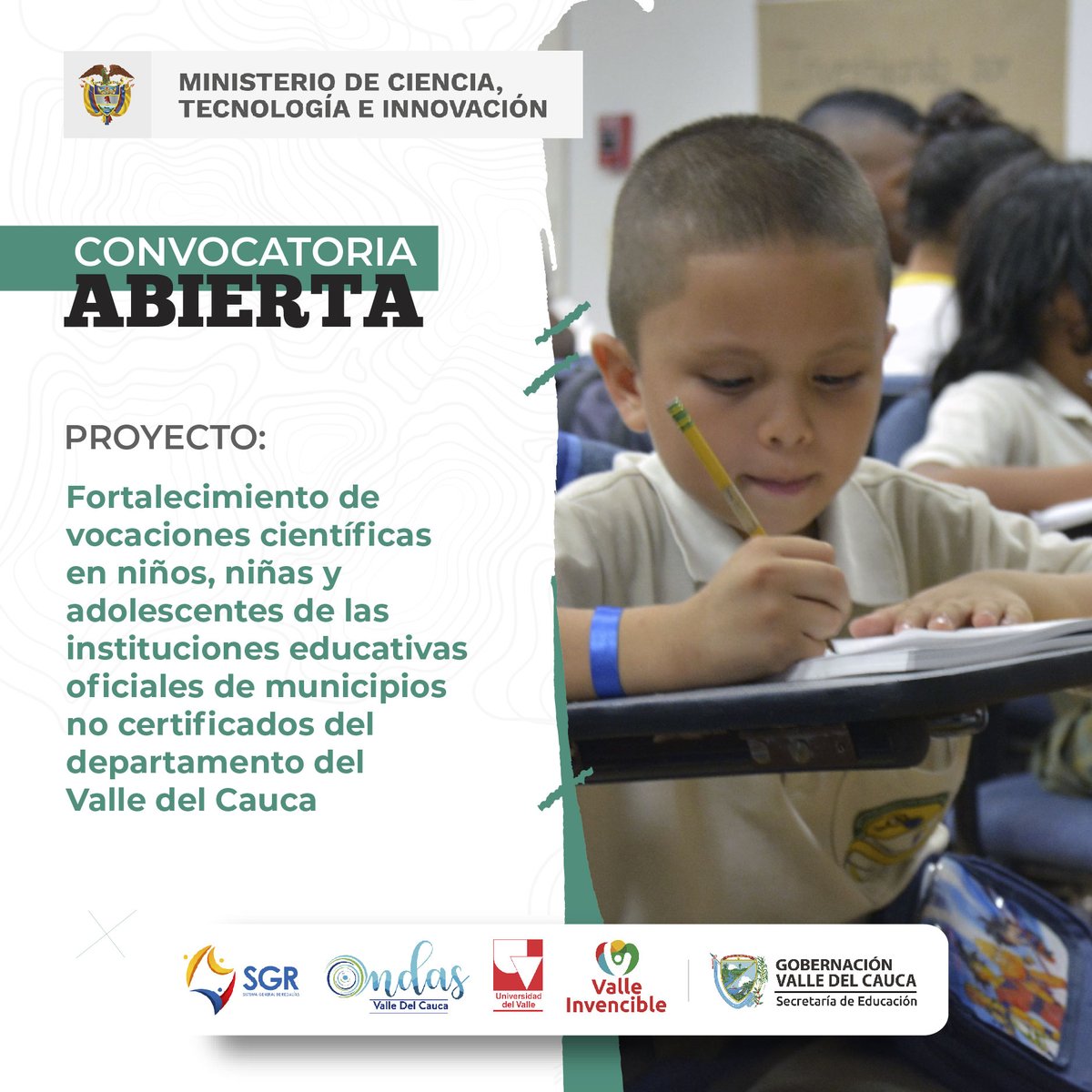 FEPUnivalle's tweet photo. 👨🏽‍🔬 👩‍🔬Te invitamos a participar en la convocatoria “Fortalecimiento de vocaciones científicas en niños, niñas y adolescentes de las Instituciones Educativas oficiales de municipios no certificados del departamento del Valle del Cauca”.
Ampliar información👉https://t.co/5Td28Fwwvn https://t.co/x9WHJraQmY