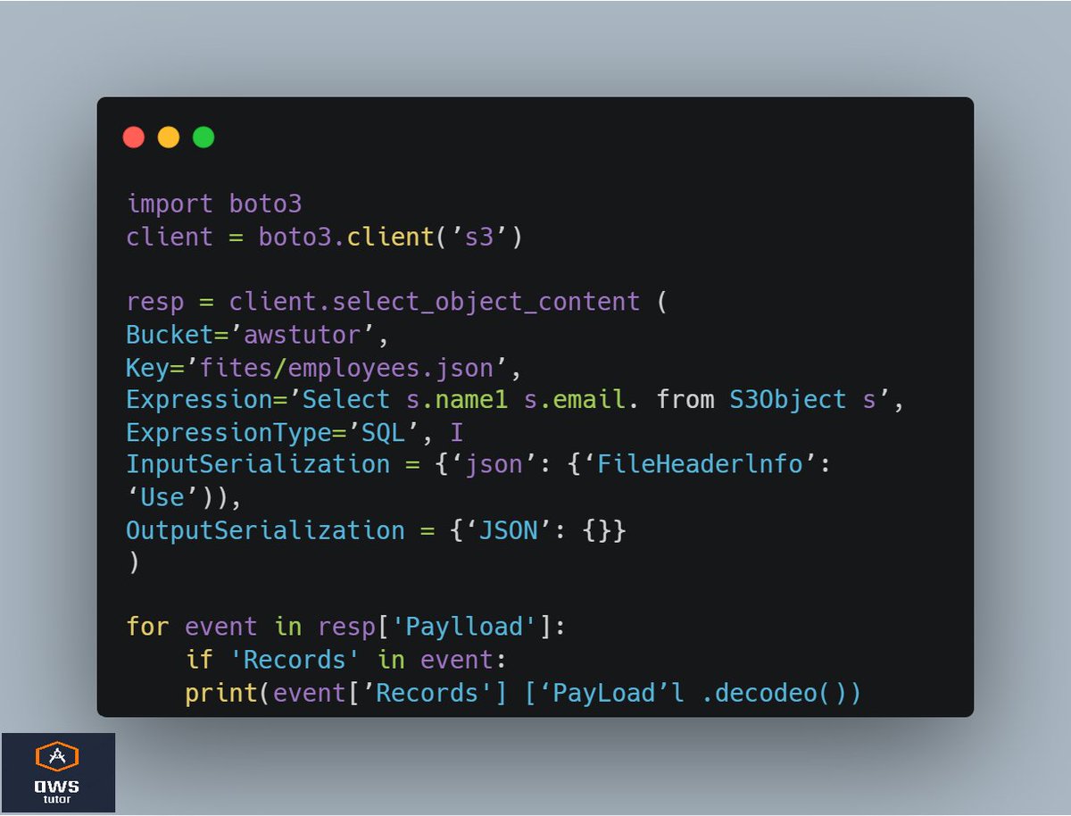 _eatbts's tweet image. #AWS P12

How will you select specific rows , columns from json filestored in S3?
#aws                           
#awscloud                           
#s3                           
#boto3                           
#python