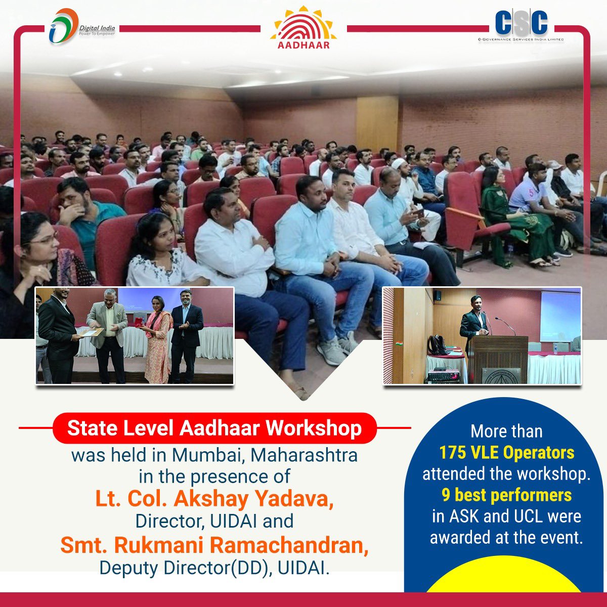 State level #Aadhaar workshop was held in Mumbai, Maharashtra in the presence of Director, UIDAI Lt. Col. Akshay Yadava and Deputy Director, Smt. Rukmani Ramachandran. More than 175 VLE operators attended the workshop and nine best performers in ASK and #UCL were awarded.