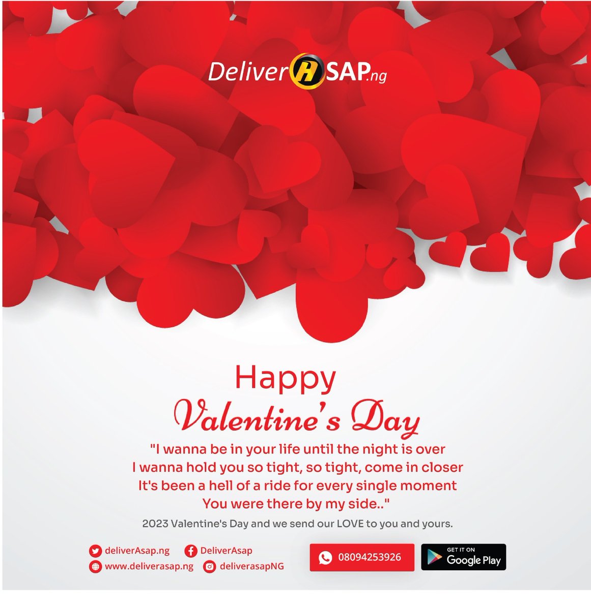 deliverasapng's tweet photo. Love in the air!

From all of us at DeliverAsap, Happy Valentine's Day.

...... Cross border logistics solutions for e-commerce startups and merchants.
-
-
-
-
-
-
-
-
-
-
-
- https://t.co/vGPRCf4rxZ
