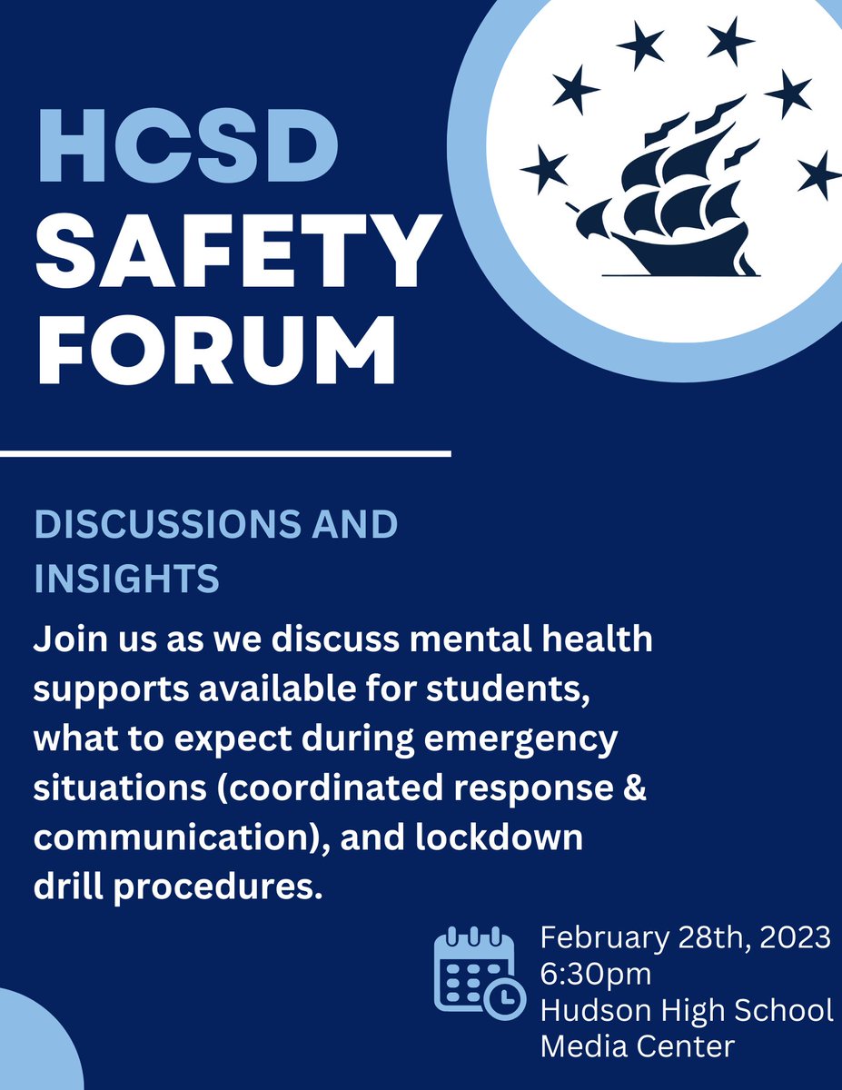 The safety of our students and staff is our top priority.  Join us February 28th for a Safety Forum at Hudson High School to discuss this important issue.