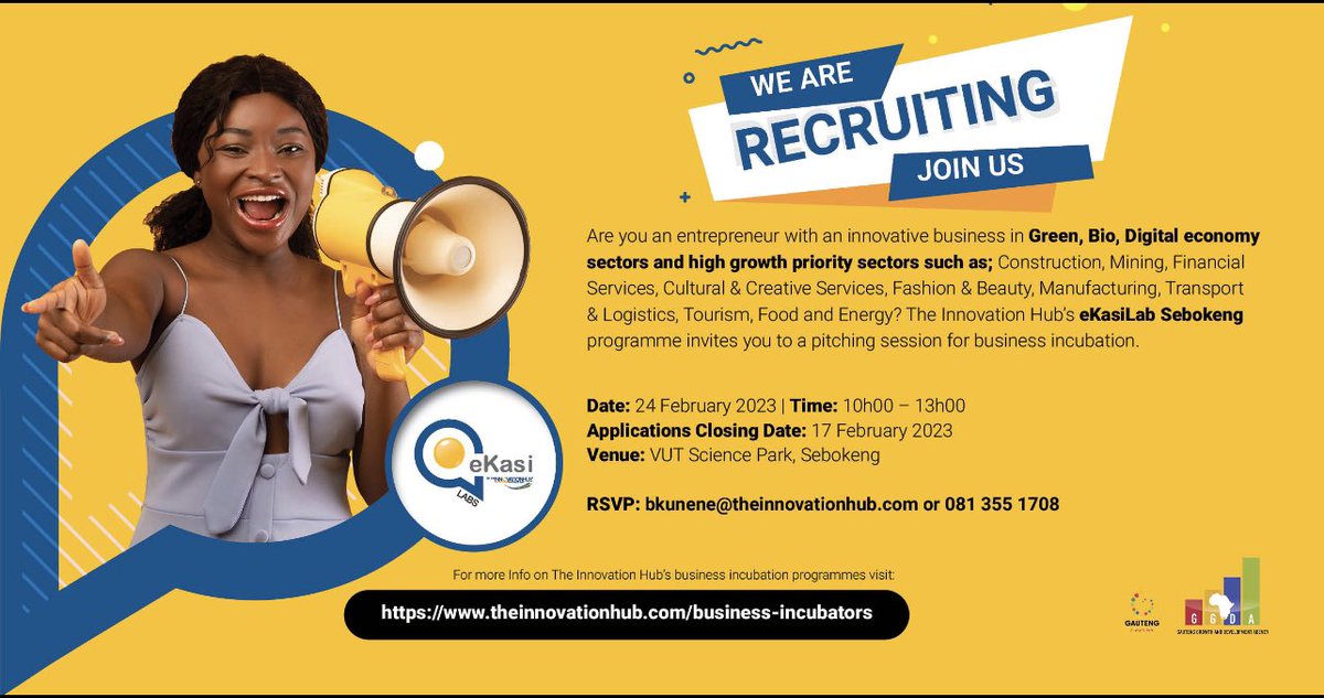 InnovHub's tweet photo. Sebokeng &amp; neighbouring communities, The Innovation Hub will be hosting a pitching session in your area on 24 February 2023 to give you the opportunity to take your start-up businesses to new https://t.co/RtGd4lVkiT ➡️bkunene@theinnovationhub.com closing date: 17 Feb 2023 https://t.co/0ZVhlo2TTs