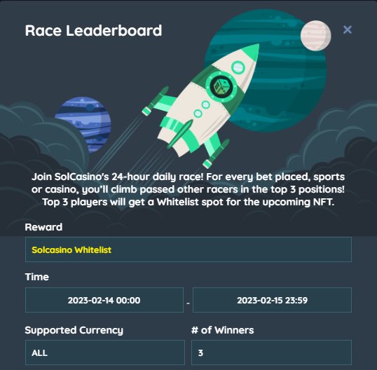 solcasino's tweet photo. We're excited to announce a new opportunity for our top players: a daily race to earn a Solcasino Whitelist for our upcoming mint. The top three players each day, determined by the highest volume played, will be rewarded with a whitelist. https://t.co/fHaG33t5Xx