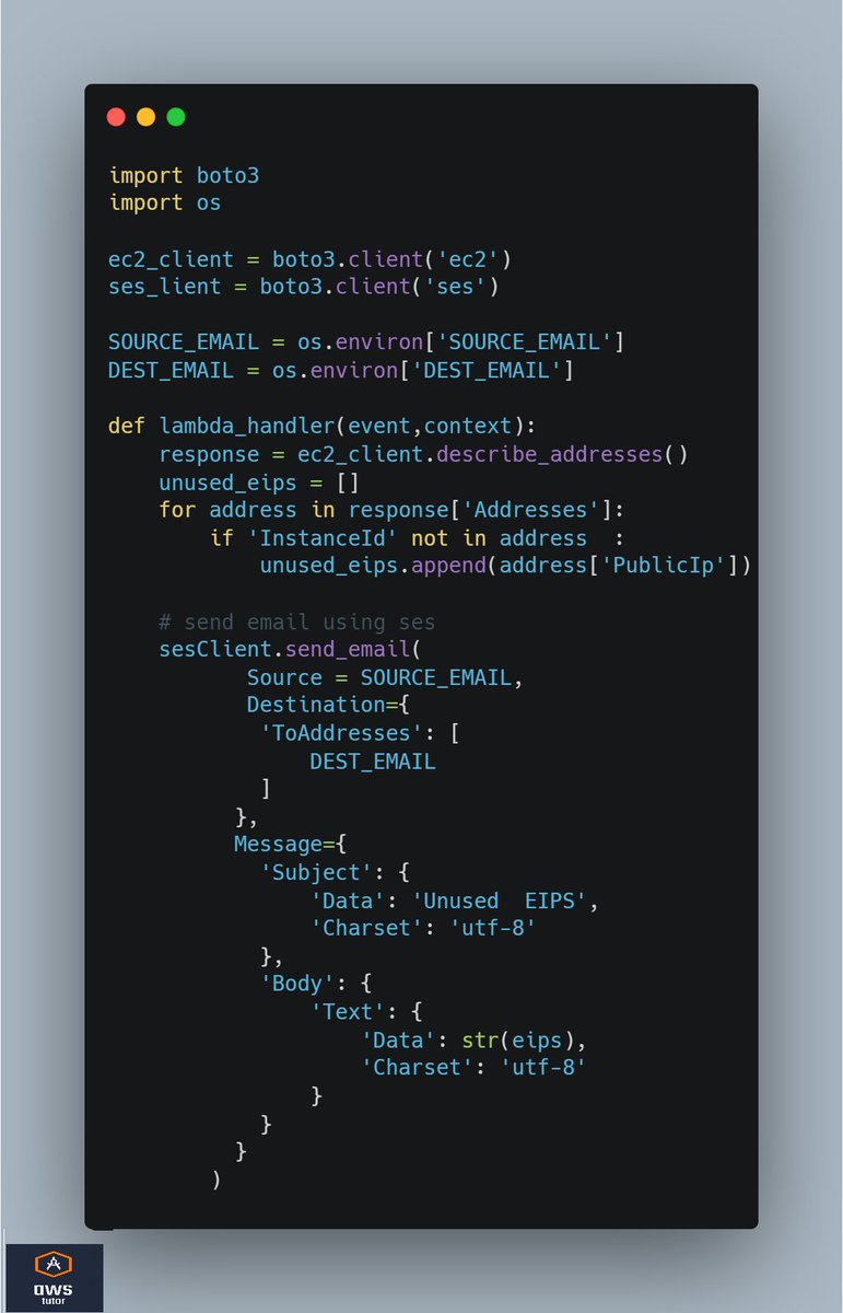 _eatbts's tweet image. #AWS P13

How will you find elastic IPs that are not in use and send details through email using Boto3?

#aws #awscloud #s3 #boto3 #python