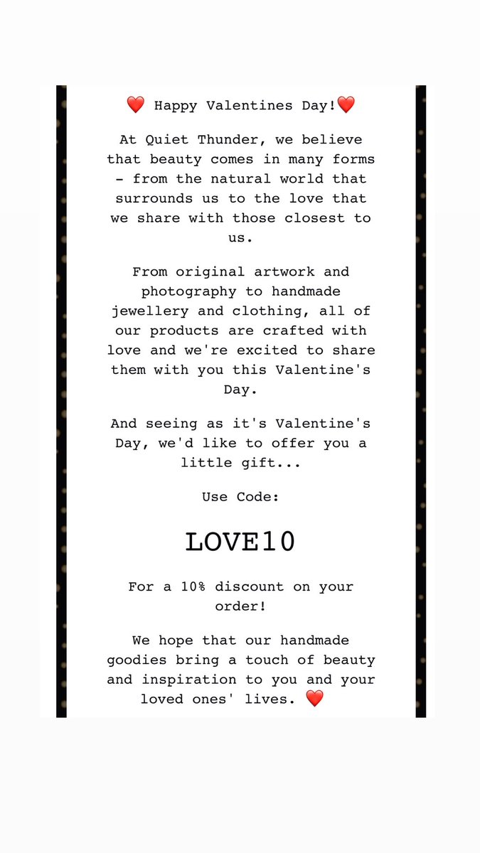 Use code LOVE10 for 10% off on my website quietthunder.co.uk
❤️