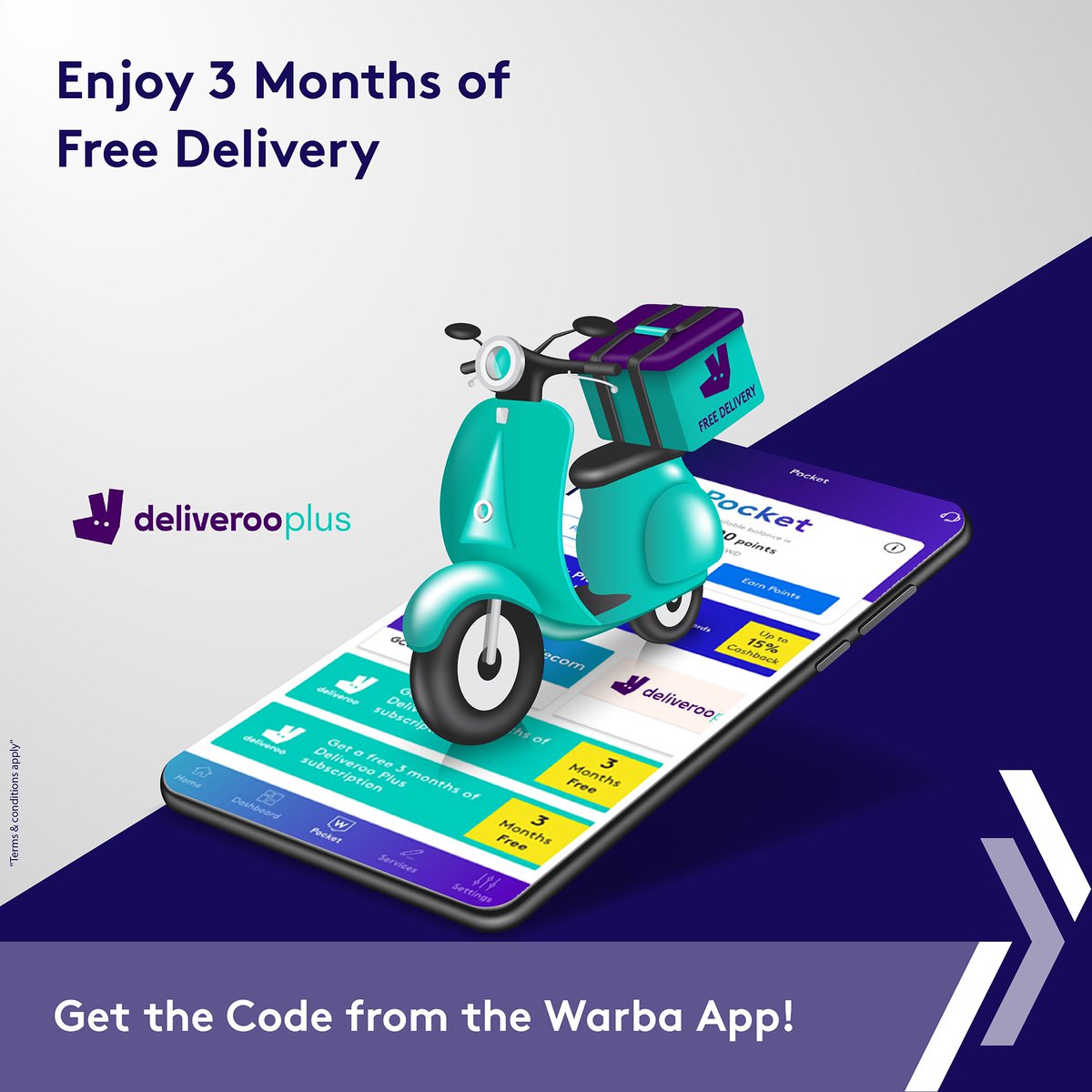 warbabank's tweet photo. Enjoy 3 months of free delivery from Deliveroo Plus!

Just download the app, head to the "Pocket" section and redeem the code.

#warbabank #bettersolution is here https://t.co/Et4ywFvJKo