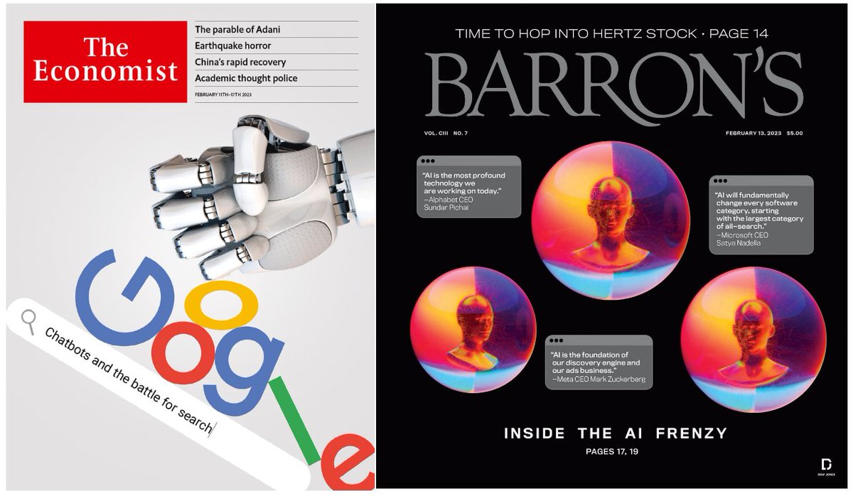 lukaskuemmerle's tweet photo. Sentiment Warning for all #AI Investors.
Barrons and The Economist published a similar cover story over the weekend.
#ChatGPT #Bard https://t.co/KAhlATbidi