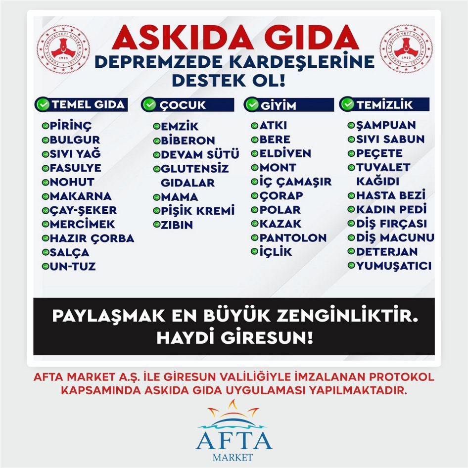 AftaMarket's tweet photo. Depremden etkilenen illerimizde yaşayan vatandaşlarımıza yardım amacıyla askıda ihtiyaç malzemesi uygulaması tüm şubelerimizde uygulanmaktadır. https://t.co/lFclaH3eax