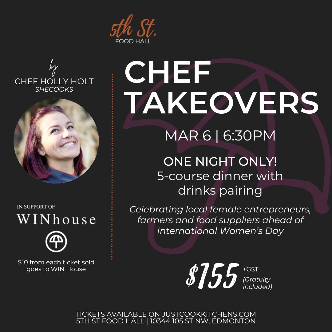 dine_epic's tweet photo. NEW CHEF TAKEOVER DINNER! Chef Holly Holt (SheCooks) is taking over 5th St Food Hall!
When? March 6, 6:30PM
How much? $155/person for a 5-course dinner with drink pairings AND $10 donation to @WINHouseShelter 💜

Tickets: https://t.co/42ZWo5Bw1I #yegevents #yegfundraiser #yegdt https://t.co/aE8sNSvamk