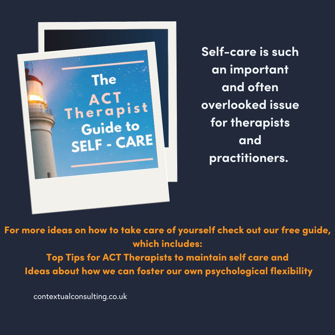 Check out our FREE guide on Top Tips for ACT Therapists to maintain self-care

buff.ly/2FRzK5I 

#selfcare #psychologicalflexibility #acttherapist #free #selfcompassion