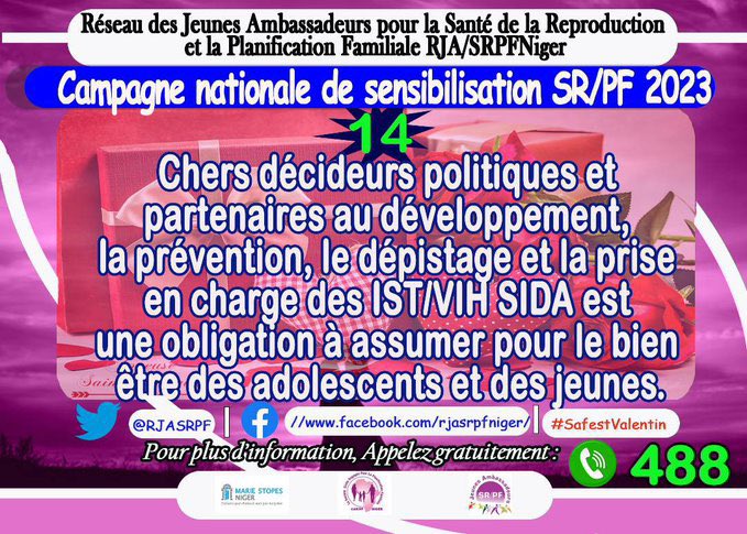 IBRAHIMSAYABOU7's tweet photo. Chers décideurs politiques et partenaires au développements.
laprévention, le dépistage et la prise en charge des IST/VIHSIDA est une obligation à assumer pour le bien être des adolescents et des jeunes.
#SafeStValentin
#MSINiger
@RJASRPFNiger
@CoalitionAu @MSIchoices @POuagaPF https://t.co/uf2qOCR3om
